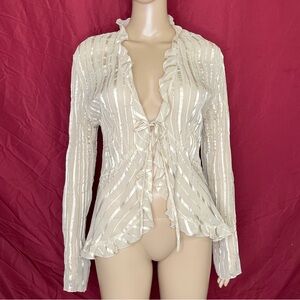 Y2K Dialogue Sheer Chiffon Pinstripe Ruffled Cardigan Medium